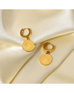 18K Gold Plated Stainless Steel Beauty Head Round Pendant Earrings
