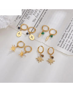 Vintage Rice Beads Eight-Pointed Star Round Stainless Steel Earrings
