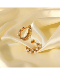 Fashion Double-Layer Pearl Zircon Inlaid C-Shaped 18K Gold Stainless Steel Earrings