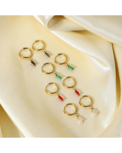 Simple Transparent Zircon Stainless Steel Square Green Red Pendant Hoop Earrings