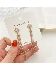 Fashion Four-Leaf Clover Long Tassel Titanium Steel Earrings