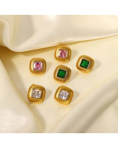 Fashion Square Button Colored Zircon Stainless Steel Cubic Earrings Stud