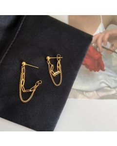 Wholesale Double-Layer Chain Back Hanging Titanium Steel 18K Gold Plated Ear Stud Earrings