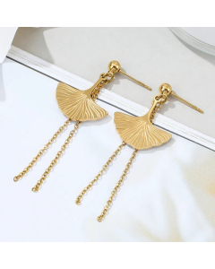 New Stainless Steel Fan-Shaped Tassel Earrings Fashion Golden Leaf Long Earrings