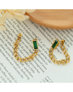 Green Square Diamond Tassel Zircon Chain Earrings Titanium Steel Earrings