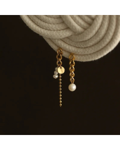 Asymmetric Tassel Pearl Freshwater Titanium Steel Gold-Plated Earrings