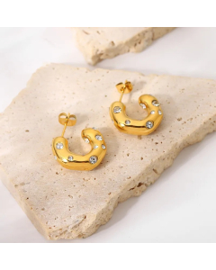 Special-Shaped Hammer Pattern Inlaid Zirconium C-Shaped Earrings 18K Gold-Plated Stainless Steel Earrings