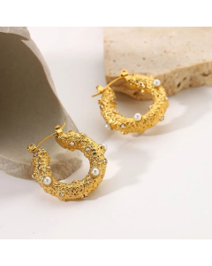 Fashion Pearl Hoop Earrings 18K Gold Stainless Steel Jewelry Hammer Cubic Zirconia Earrings