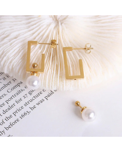 Simple Personality Titanium Steel Plated 18K Gold Imitation Pearl Earrings Female Wholesale