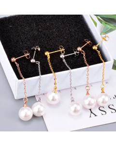 Colorza Fashion Round Bead Pearl Long Tassel Titanium Steel Earrings Wholesale Jewelry