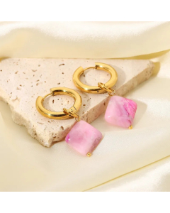 Wholesale Diamond-Shaped Pink Natural Stone Pendant Stainless Steel Earrings Colorza