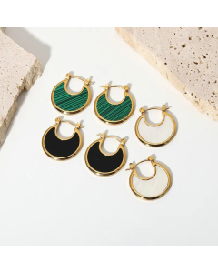 Retro Moon Fan-Shaped Malachite White Shell Stainless Steel Earrings