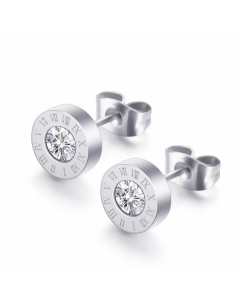IG Style Round Roman Numerals Stainless Steel Artificial Rhinestones Ear Studs