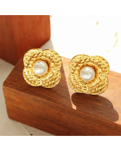 Simple Geometric Imitation Pearl Titanium Steel 18K Gold-Plated Earrings