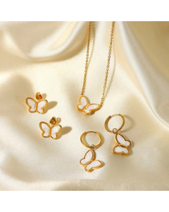 18K Gold Natural White Shell Butterfly Shape Stainless Steel Necklace Earrings