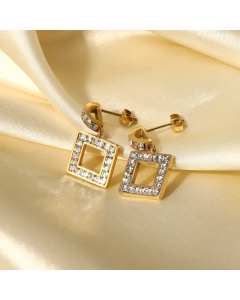 French 14K Gold Stainless Steel White Zircon Square Pendant Earrings