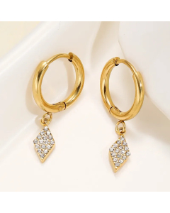 Diamond-Shaped Diamond Pendant Women Stainless Steel Earrings Plated 14K Real Gold