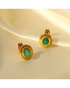 New Oval Green Jade Button Retro 18K Gold Stainless Steel Earrings