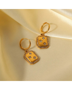 Fashion 18K Gold Stainless Steel Full Circle Zircon Star Inlaid Square Pendant Earrings