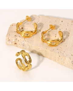 18K Gold Stainless Steel Coffee Bean Buckle Chain C-Type Earrings Open Ring