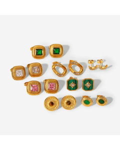 Fashion Vintage 18K Gold Stainless Steel Inlaid Zircon Natural Stone Earrings