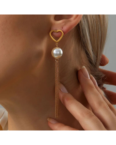 Fashion Stainless Steel Electroplating 18K Gold Heart Pearl Tassel Long Earrings