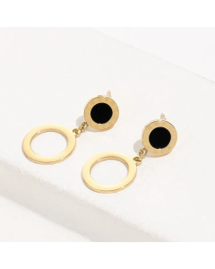 Titanium Steel Fashion Gold Roman Numeral Black Shell Round Earrings