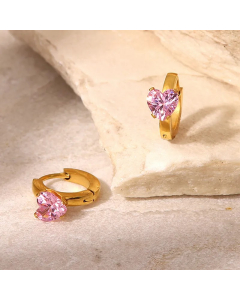 Titanium Steel Earrings 18K Gold Plated C-Shaped Pink Green Heart-Shaped Zircon Earrings