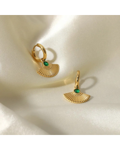 French New Retro Round Green Zircon Fan-Shaped Eardrops Earrings 14K Gold Stainless Steel Ear Ring Women  Earrings