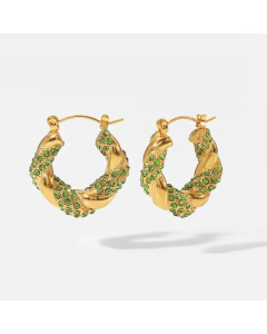 Fashion New Green Zircon Inlaid 18K Gold Twist Stainless Steel Earrings