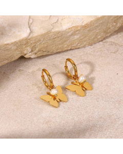 New Style 18K Gold Plated Smooth Butterfly Pearl Pendant Stainless Steel Earrings