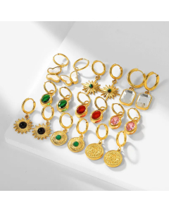 Vintage Style 18K Gold Plated Stainless Steel Geometric Zircon Pendant Earrings