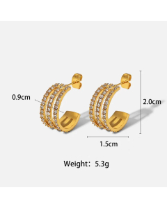 Fashion 18K Gold Stainless Steel White Full Zirconium Three-Layer Linear Earrings