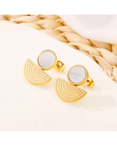 Fan Style Titanium Steel Drop Earrings Gold Plating White Shell Inlaid-MAIN VIEW