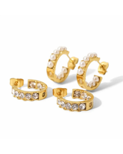 Fashion C Shape Geometric Stainless Steel Earrings Inlay Pearl Zircon Stainless Steel Earrings