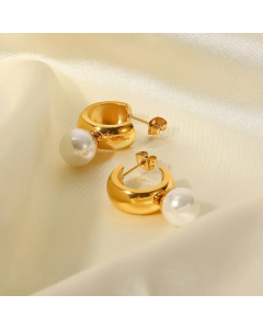 Fashion C Shape Stainless Steel Ear Studs Gold Plated Inlay Pearl Stainless Steel Earrings