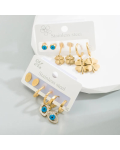 Fashion Four Leaf Clover Eye Titanium Steel Earrings Rhinestones Stainless Steel Earrings 3 Piece Set
