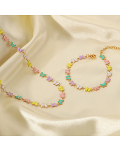 Women's 18k Gold Plated Stainless Steel Drop Oil Bracelet Colored Enamel Butterfly Choker Chain Necklace