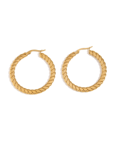 Gold Color Twist Plated 18K Gold Flat Braided Circle Stainless Steel Earrings 