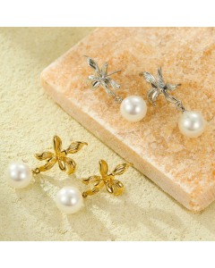 Wholesale Stainless Steel Earrings Retro Flower Pearl Earrings 