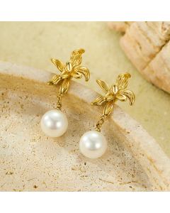 Gold Color Flower Pearl Earrings Gold-plated Stainless Steel Pendant Earrings 