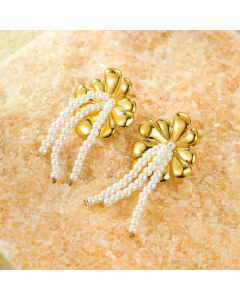 Gold Color Flower Pearl Fringe Earrings Plated 18K Gold Stainless Steel Earrings 