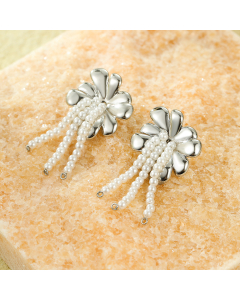 Steel Color Flower Pearl Fringe Earrings Plated 18K Gold Stainless Steel Earrings 