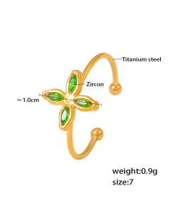 Four Petals Flower Inlay Zircon Pendant Necklace Wholesale Stainless Steel Open Ring -Ring-Green