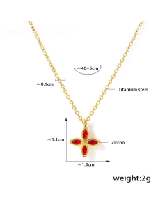 Four Petals Flower Inlay Zircon Pendant Necklace Wholesale Stainless Steel Open Ring -Necklace-Red