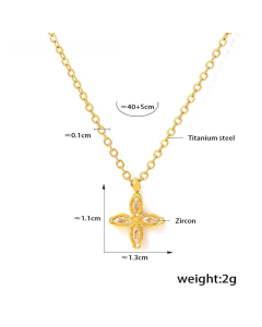 Four Petals Flower Inlay Zircon Pendant Necklace Wholesale Stainless Steel Open Ring -Necklace-White