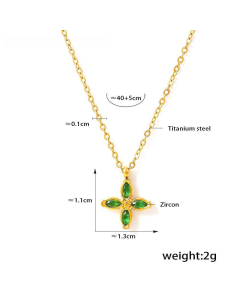 Four Petals Flower Inlay Zircon Pendant Necklace Wholesale Stainless Steel Open Ring -Necklace-Green