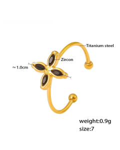 Four Petals Flower Inlay Zircon Pendant Necklace Wholesale Stainless Steel Open Ring -Ring-Black