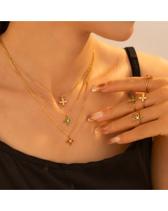 Four Petals Flower Inlay Zircon Pendant Necklace Wholesale Stainless Steel Open Ring 
