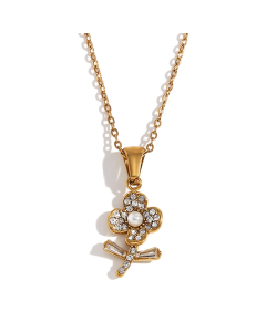 Gold Color Diamond Flower Stainless Steel Pendant Necklace